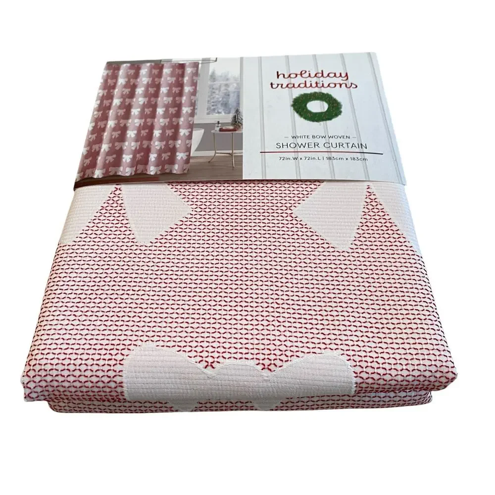 Holiday Traditions WHITE BOW Woven Shower Curtain 72x72 Red & White New